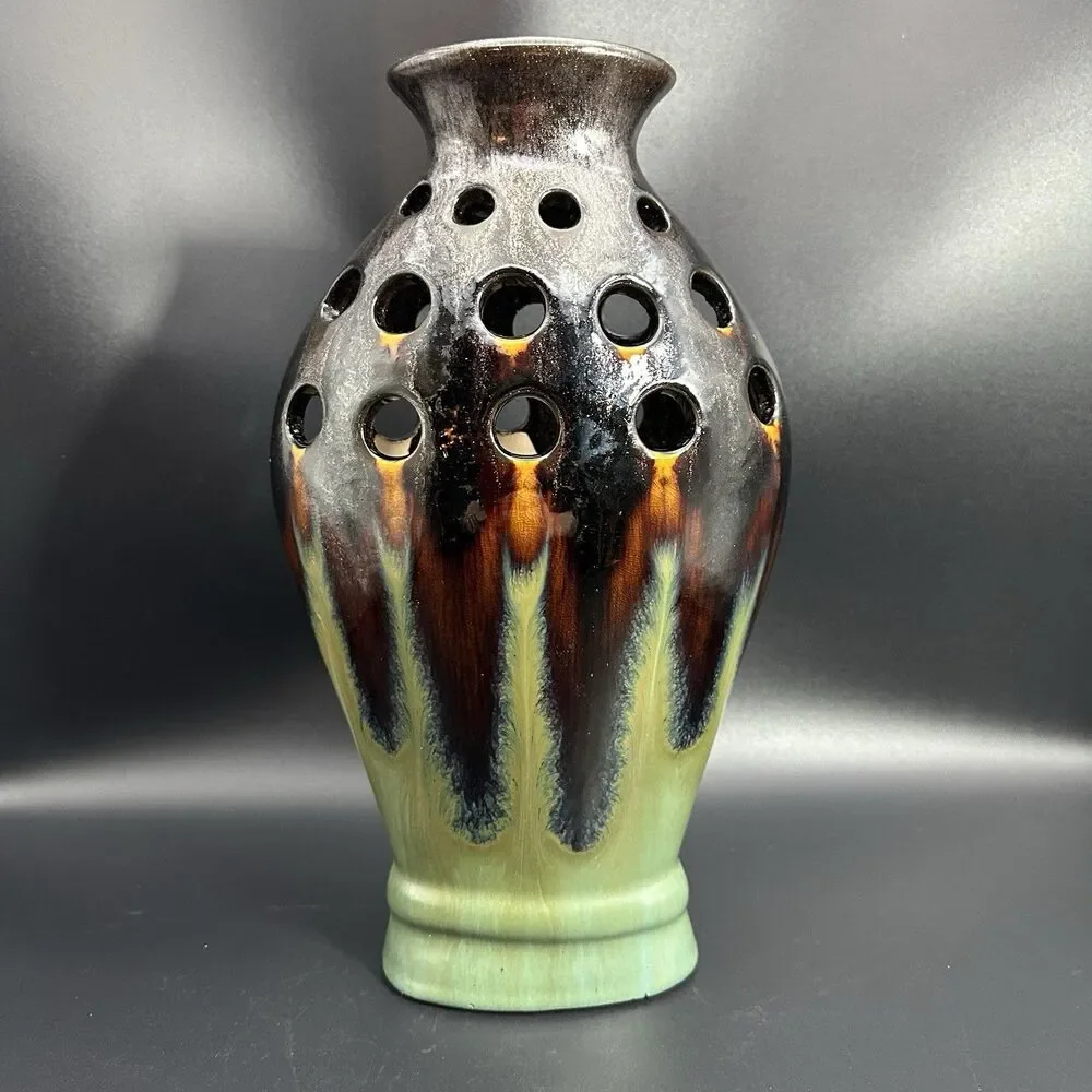 Vintage Sculptural Pierced Ceramic Vase Brutalist Ikebana Scandinavian Decor